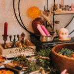 A mystical home altar featuring candles, herbs, and artifacts for a magical ambiance.